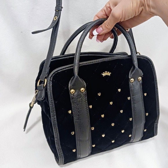 Juicy Couture Purse BLACK VELVET Quilted Leather TRIM Square Bag GOLD HEARTS - Picture 7 of 16